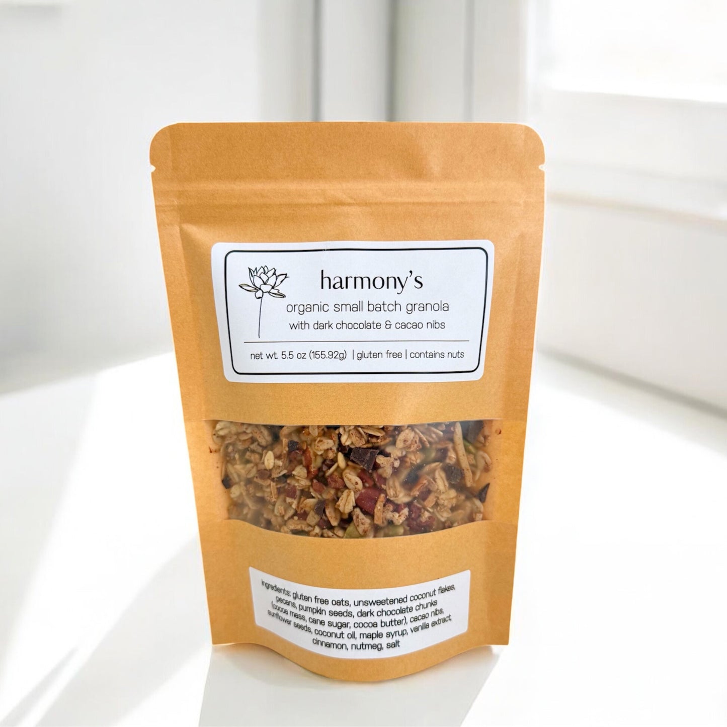 harmony's organic small batch granola - dark chocolate/cacao nibs